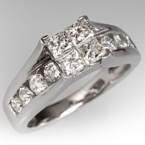 Invisible Set Princess Cut Diamond Engagement Ring 14K White Gold