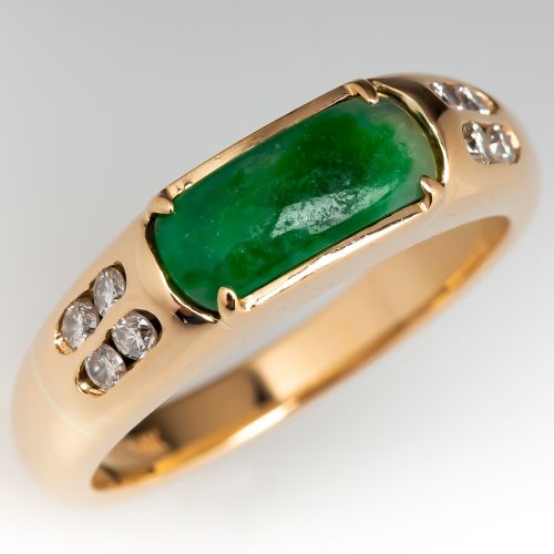 Saddle Jadeite Jade & Diamond Ring 14K Yellow Gold