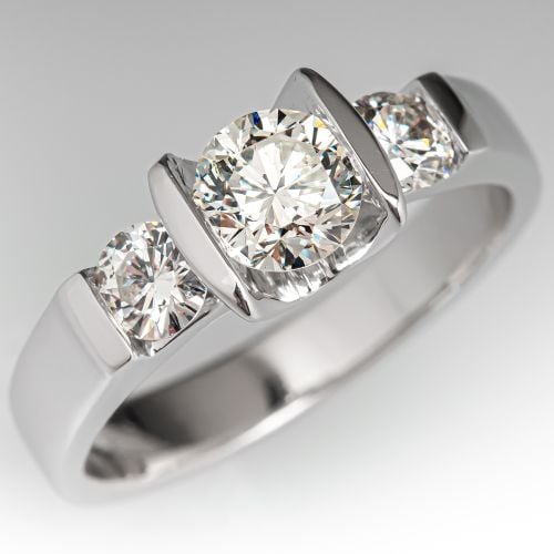 Three Stone Bezel Diamond Engagement Ring 14K White Gold .66ct I/SI1