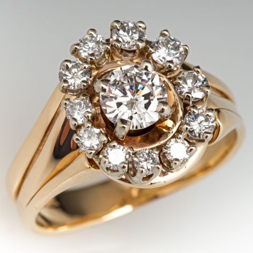 Diamond Halo Engagement Ring Wedding Set 14K Yellow Gold .31ct F/SI1
