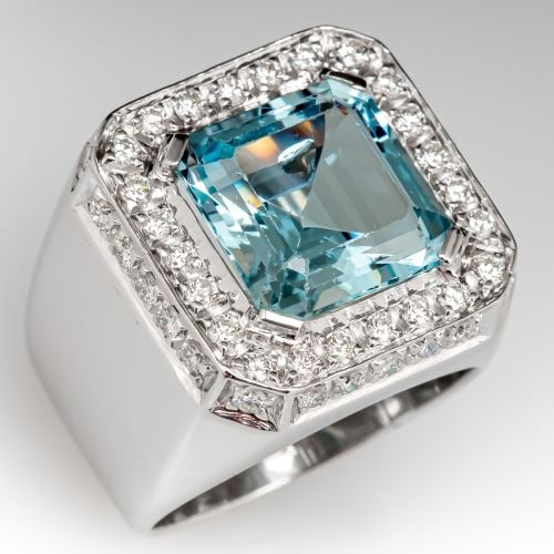 Aquamarine & Diamond Halo Cocktail Ring 18K White Gold