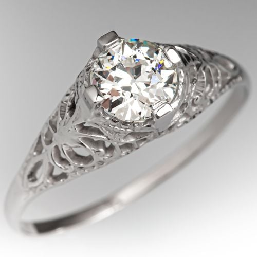 Vintage Filigree Diamond Engagement Ring 14K White Gold .46ct K/SI1 GIA