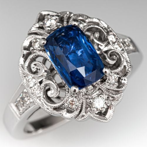 Cushion Cut Blue Sapphire & Diamond Ring 18K White Gold