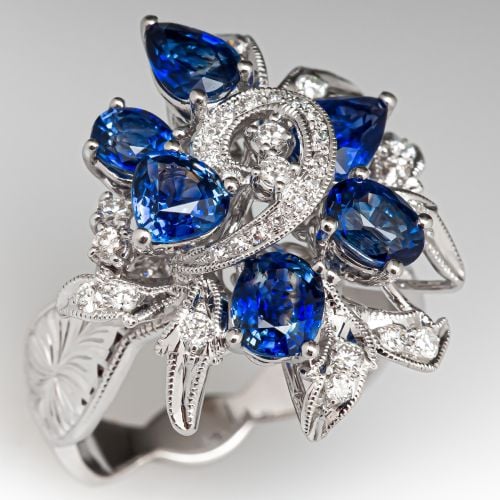 Blue Sapphire & Diamond Cluster Cocktail Ring 18K White Gold