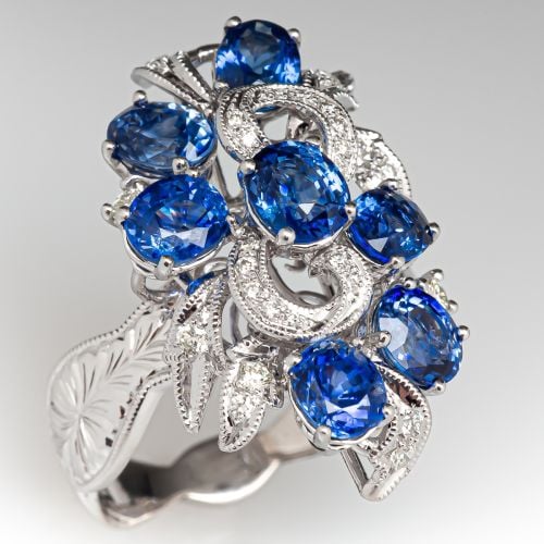 Blue Sapphire & Diamond Cluster Ring 18K White Gold