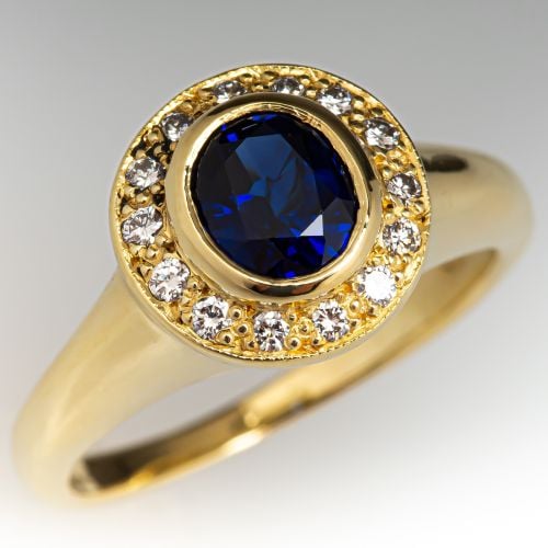 Blue Sapphire & Diamond Halo Engagement Ring 18K Yellow Gold