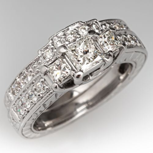 Princess Cut Diamond Engagement Ring Wedding Set 14K White Gold