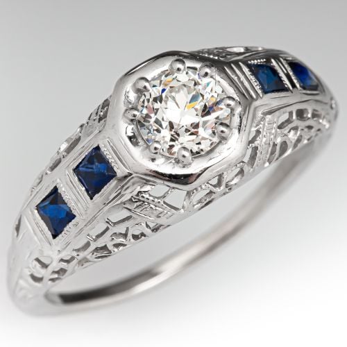Art Deco Diamond Engagement Ring w/ Blue Accents .50ct I/SI1 GIA