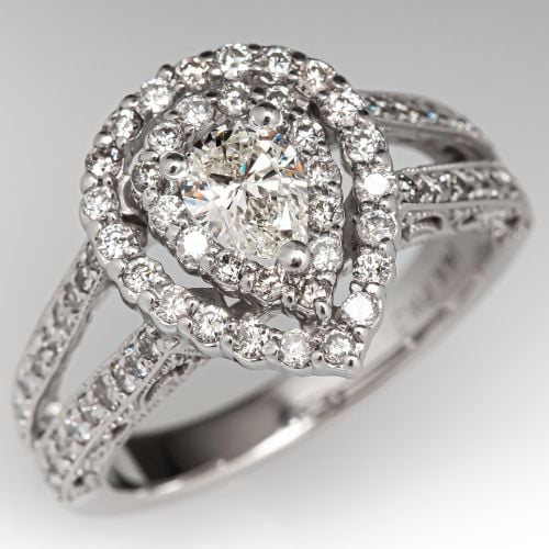 Pear Cut Diamond Engagement Ring w/ Diamond Halo 14K White Gold 