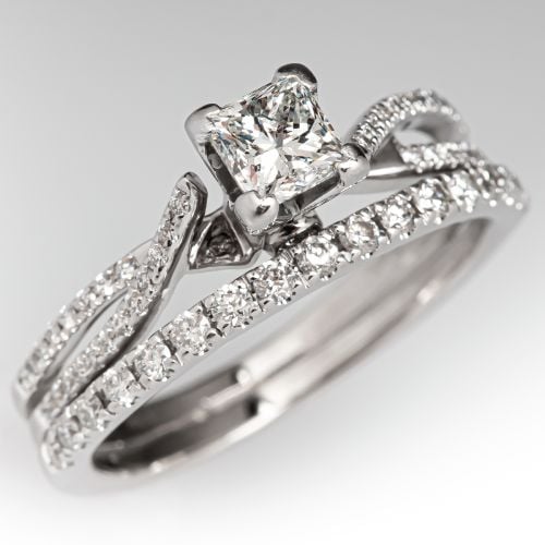 Princess Cut Diamond Engagement Ring Wedding Set 14K White Gold .50ct G/I1