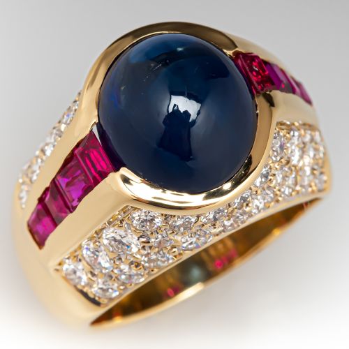Estate Blue Sapphire, Ruby & Diamond Ring 18K Yellow Gold