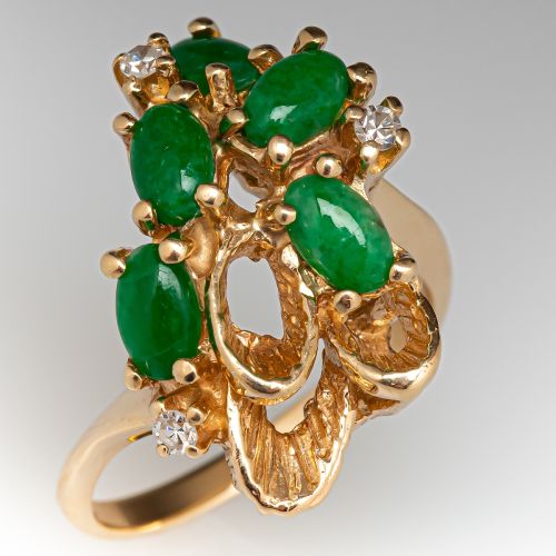 Vintage Jadeite Jade & Diamond Ring 14K Yellow Gold