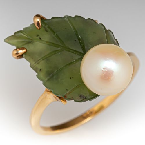 Vintage Nephrite Jade & Pearl Leaf Ring 14K Yellow Gold