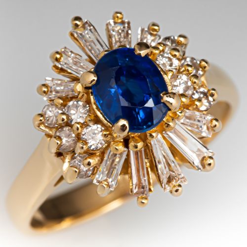 Vintage Blue Sapphire & Diamond Halo Ring 18K Yellow Gold