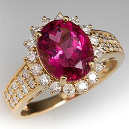 3 Carat Pink Tourmaline Ring w/ Diamond Halo 14K Yellow Gold