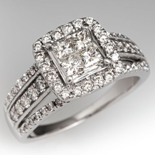 Princess Cut Cluster Diamond Engagement Ring 14K White Gold