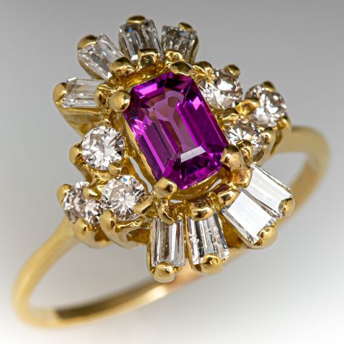Vintage Pink Sapphire & Diamond Ring 18K Yellow Gold