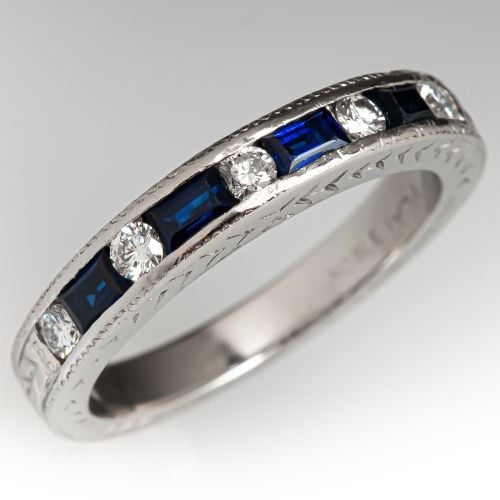 Blue Sapphire & Diamond Wedding Band Platinum