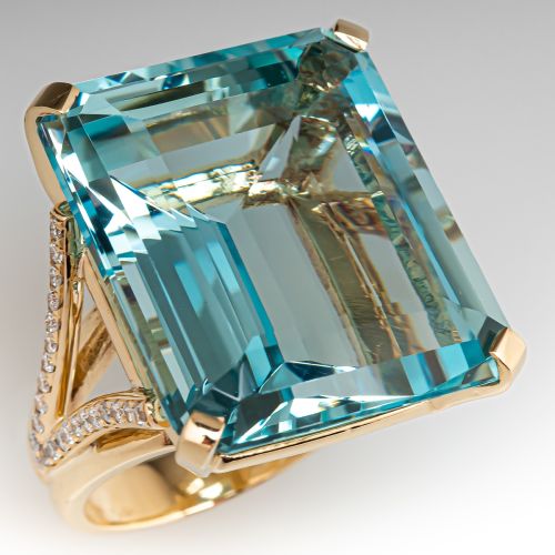 Vintage Aquamarine & Diamond Cocktail Ring 14K Yellow Gold