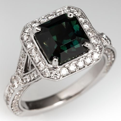 Deep Teal Sapphire Engagement Ring w/ Diamonds 18K White Gold