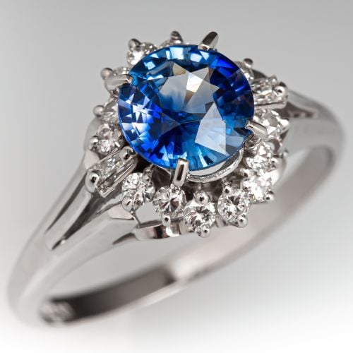 Estate Blue Sapphire & Diamond Halo Ring Platinum