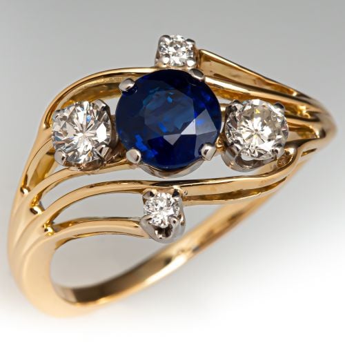 Round Sapphire & Diamond Ring 14K Yellow Gold