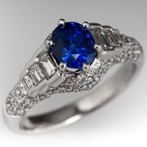 GIA Blue Sapphire & Diamond Engagement Ring 14K White Gold
