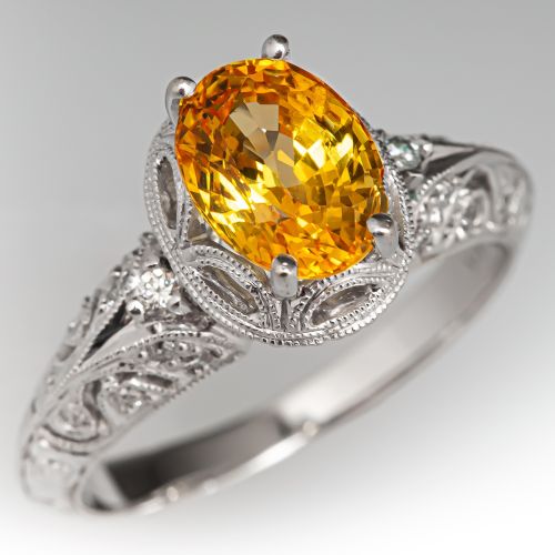 Yellow Sapphire & Diamond Engagement Ring 14K White Gold