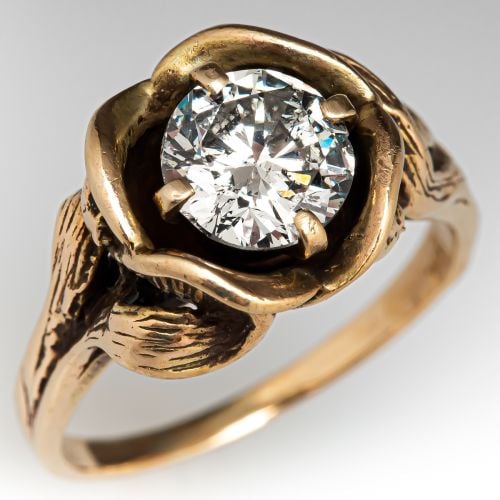 Vintage Floral Design Diamond Ring Yellow Gold 1.31ct J/I1 GIA