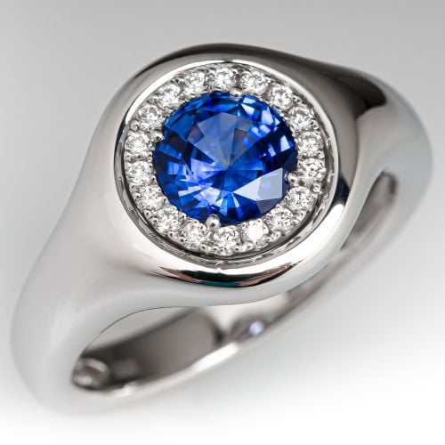 Spark Blue Sapphire Ring w/ Diamond Halo 18K White Gold