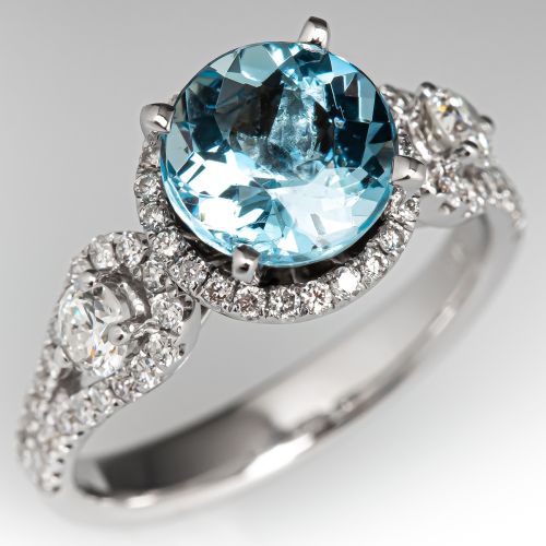 Round Cut Aquamarine Ring w/ Diamond Accents 18K White Gold