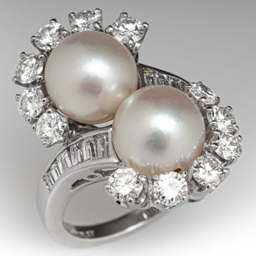 Vintage Twin Pearl By-Pass Ring w/ Diamonds Platinum