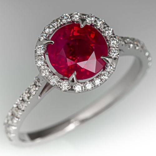 Ruby Engagement Ring w/ Diamond Halo 14K White Gold