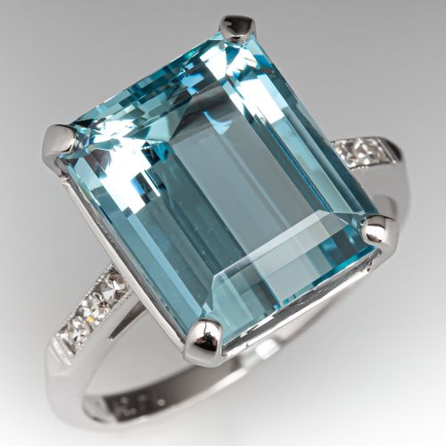 Vintage Aquamarine Ring w/ Diamonds Accents 14K White Gold