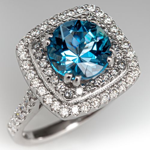 Santa Maria Aquamarine Ring w/ Double Diamond Halo 18K White Gold