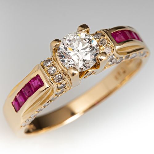 Diamond Engagement Ring w/ Ruby Accents 14K Yellow Gold .75ct I/I1