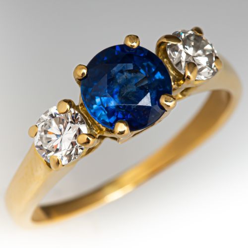 Three Stone Blue Sapphire Engagement Ring w/ Diamond Accents 18K Yellow Gold