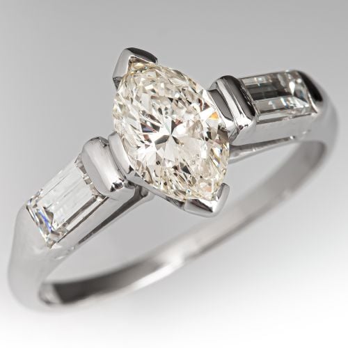 Marquise Diamond Engagement Ring w/ Baguette Accents Platinum .87ct J/I1