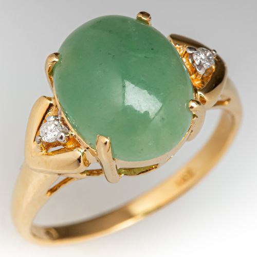 Jade Cabochon Ring w/ Diamond Accents 14K Yellow Gold