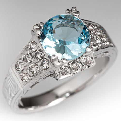 Lovely Aquamarine Ring w/ Diamond Accents 14K White Gold