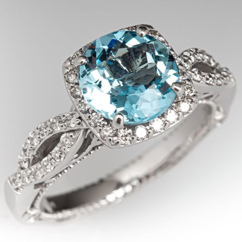 Marvelous Aquamarine Ring w/ Diamond Accents 14K White Gold