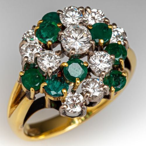 Diamond & Emerald Cluster Ring 18K Yellow Gold