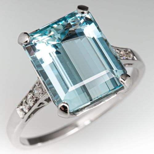 Emerald Cut Aquamarine Ring w/ Diamond Accents Platinum