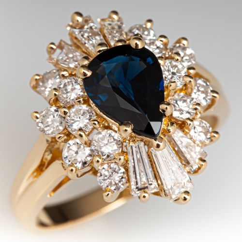 Pear Cut Sapphire Ring w/ Round & Baguette Diamond Accents 14K
