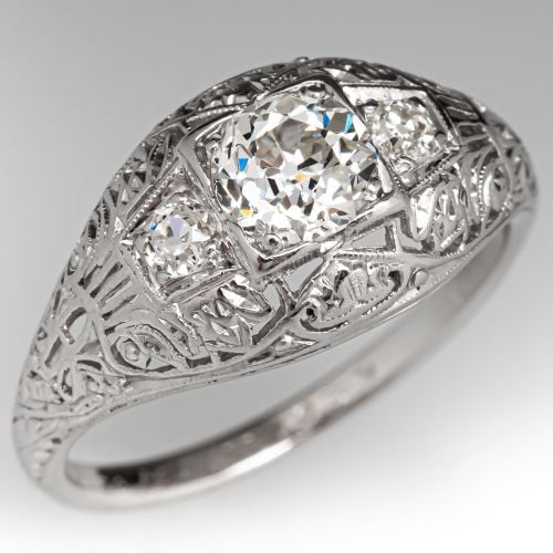 Old European Cut Diamond Engagement Ring 18K White Gold .62ct I/VS1