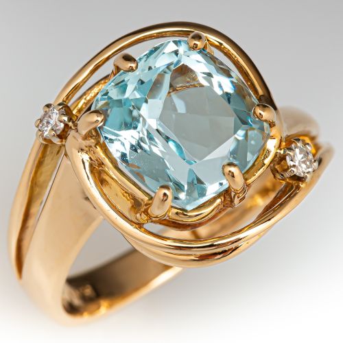 Cushion Cut Aquamarine Ring w/ Diamond Accents 14K Yellow Gold