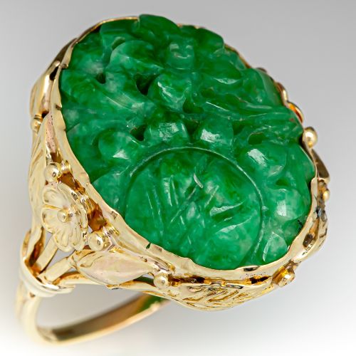 Carved Jadeite Jade Floral Ring 14K Yellow Gold