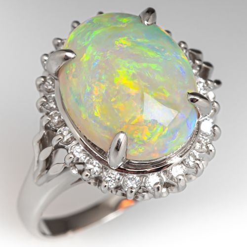 Crystal Opal Cocktail Ring w/ Diamond Border in Platinum