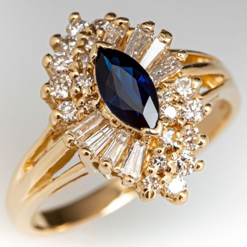 Marquise Cut Blue Sapphire & Diamond Ring 14K Yellow Gold