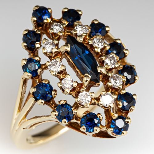 Blue Sapphire & Diamond Cluster Ring 14K Yellow Gold